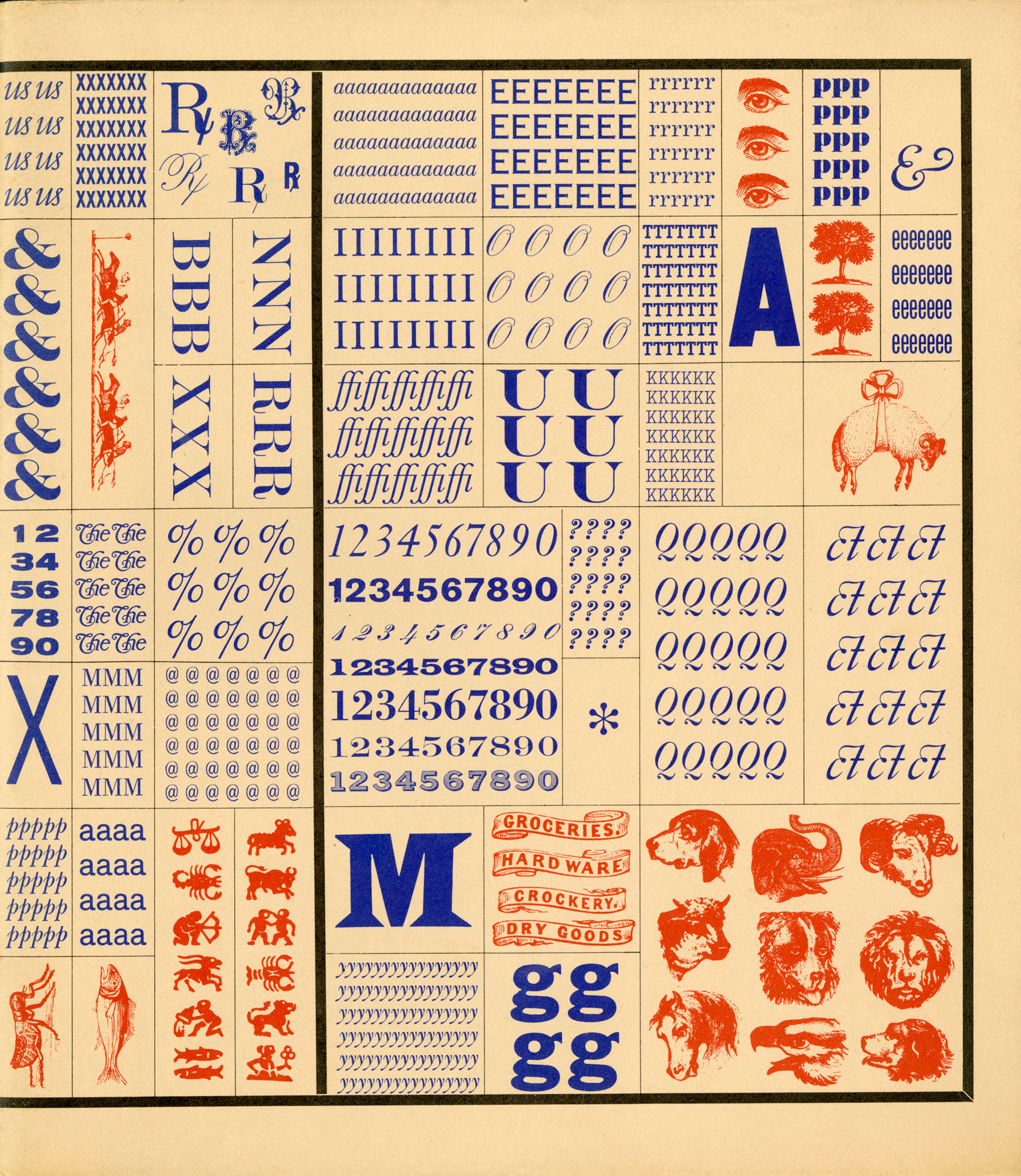 type, typographic symbols, and stock images in blocks of red, blue and black